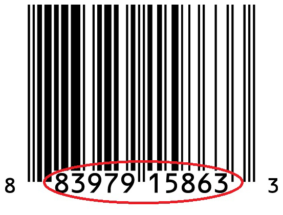 Example of how a UPC code looks with a red circle around the middle 10 digits, leaving out one number on the far left and one on the far right.